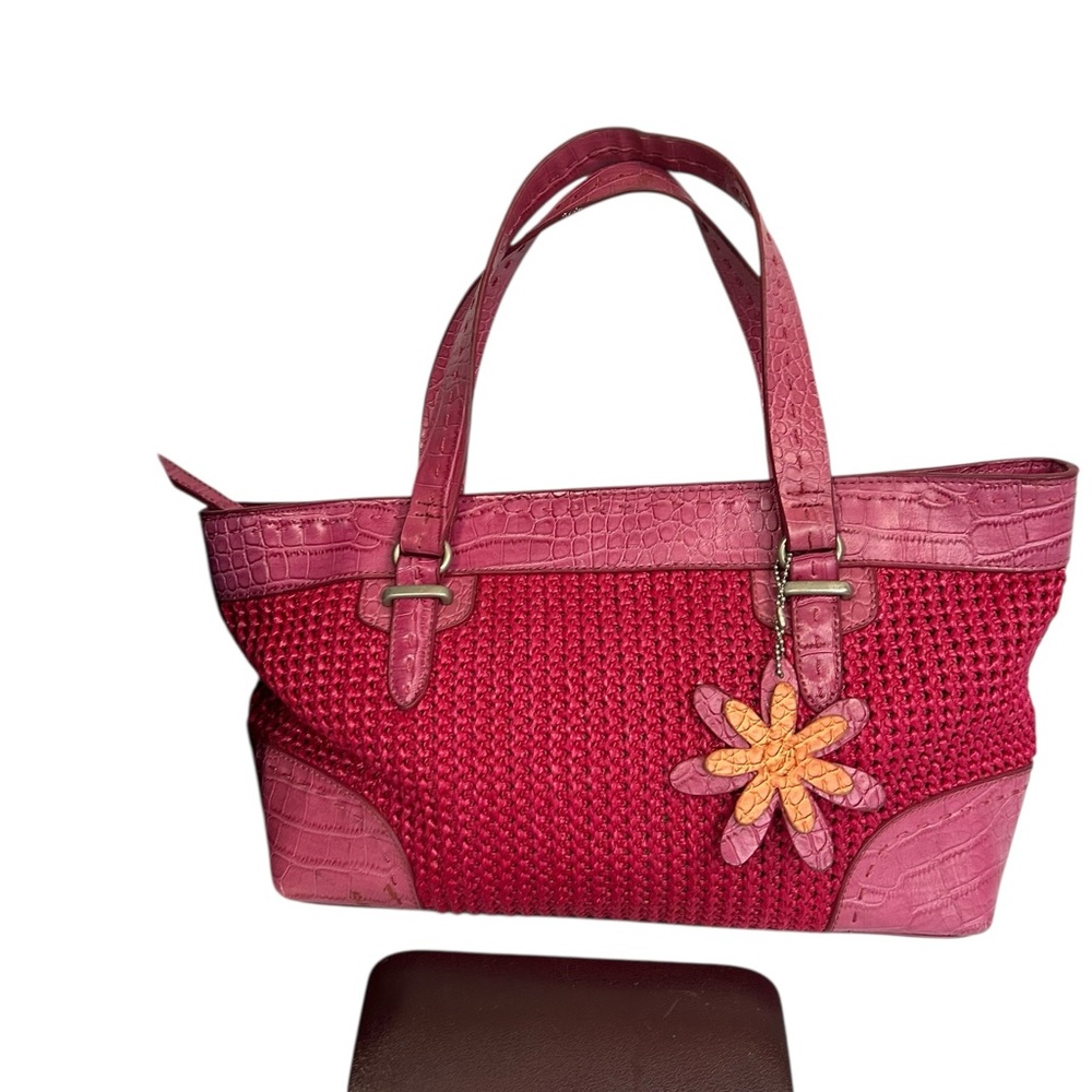 Stone Mountain Hot Pink Woven Fabric & Leather Shoulder Bag W/Flower Charm